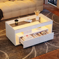 High Gloss Coffee Table With Open Storage, LED Lights, Centre Table With Glass Tabletop, Sofa Side Table With 2 Drawers, Coffee End Table With LED For Living Room, Office, 100X50X40cm, White