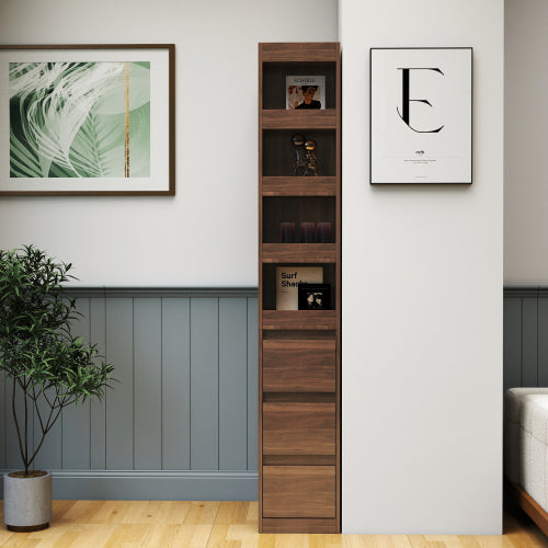 70.87 H Display Storage Cabinet , 4-Tier Shelf, 3 Side Drawers & 4 Small Display Shelves , Modern Wooden Tall Bookshelf Bookcase For Living Room Home Office