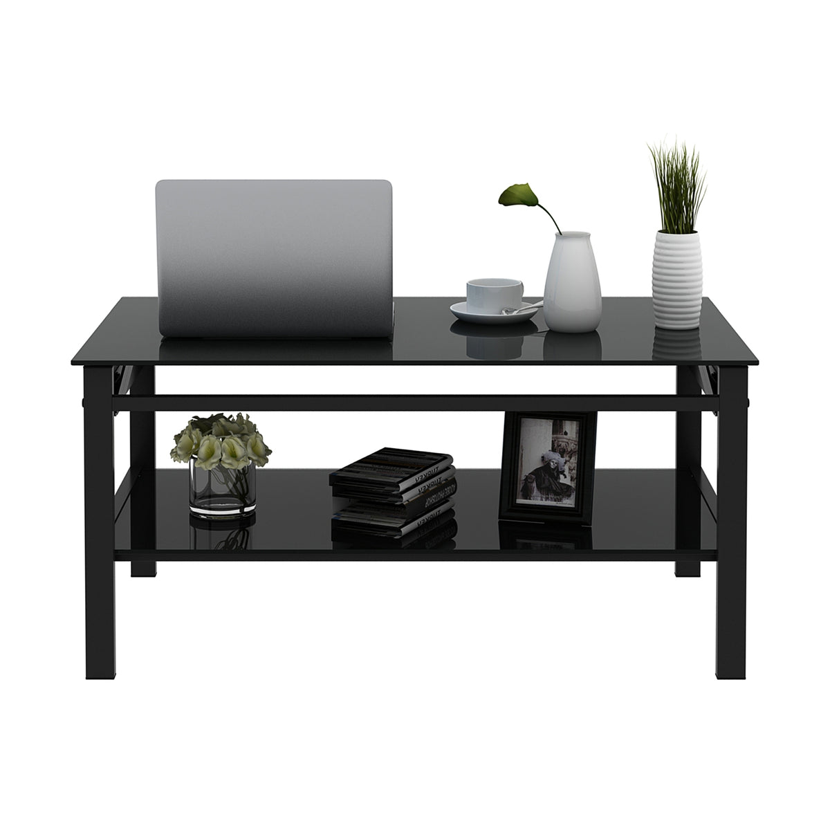 Glass Lift Top Coffee Table, 2-Layer Tempered Glass, Modern Simple, Black