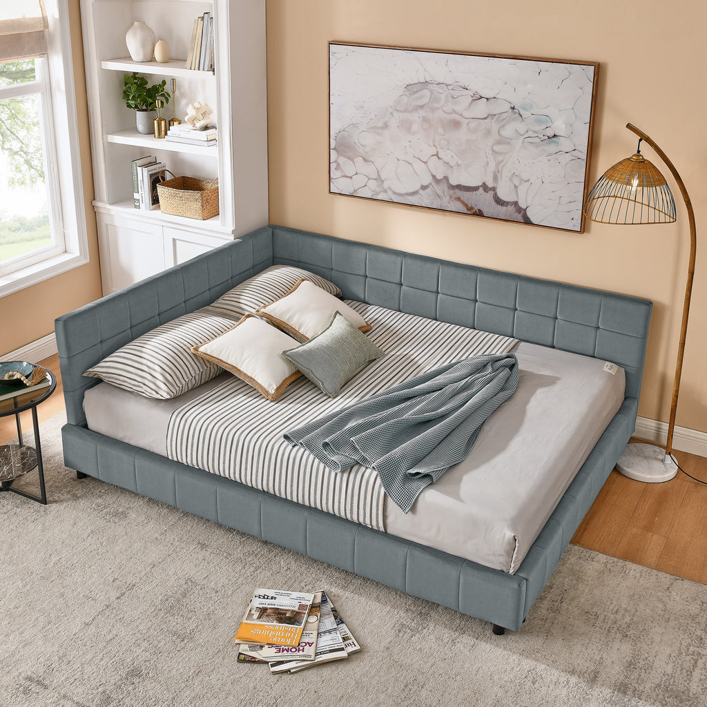 Queen Size Upholstered Tufted Bed Frame, Sofa Bed Frame With Comfortable Backrest And Armrests, Queen Size Bed For Bedroom, Living Room,Velvet, GREY 85.5x64.5x30.5