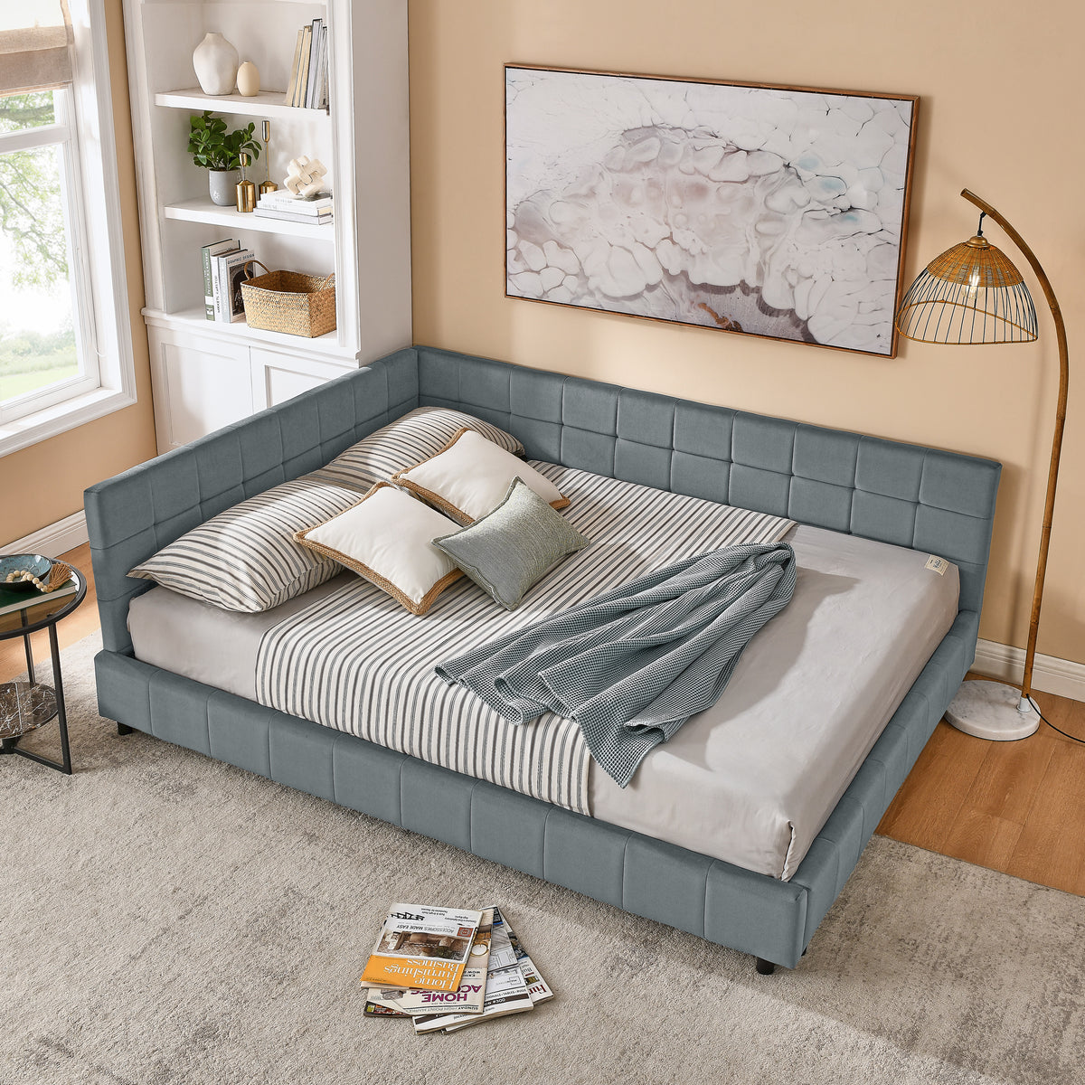Queen Size Upholstered Tufted Bed Frame, Sofa Bed Frame With Comfortable Backrest And Armrests, Queen Size Bed For Bedroom, Living Room,Velvet, GREY 85.5x64.5x30.5