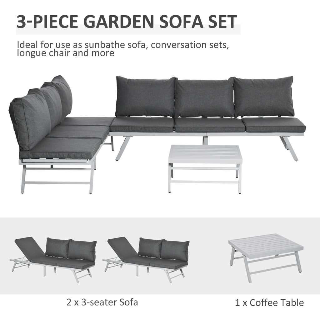 3 Pieces Garden Furniture Sets, 6 Seater Corner Sofa Set With Adjustable Backrest Chase Lounge With Slatted Metal Top Table, Padded Cushion, Grey
