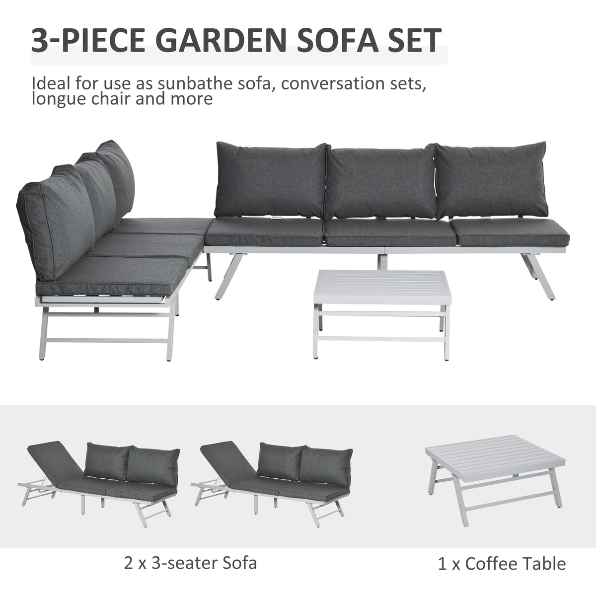 3 Pieces Garden Furniture Sets, 6 Seater Corner Sofa Set With Adjustable Backrest Chase Lounge With Slatted Metal Top Table, Padded Cushion, Grey