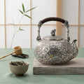 925 Sterling Silver **Antique Chinese  Teapot with Cloud Motifs and Wooden Handle**-Fine large teapot - Handicraft