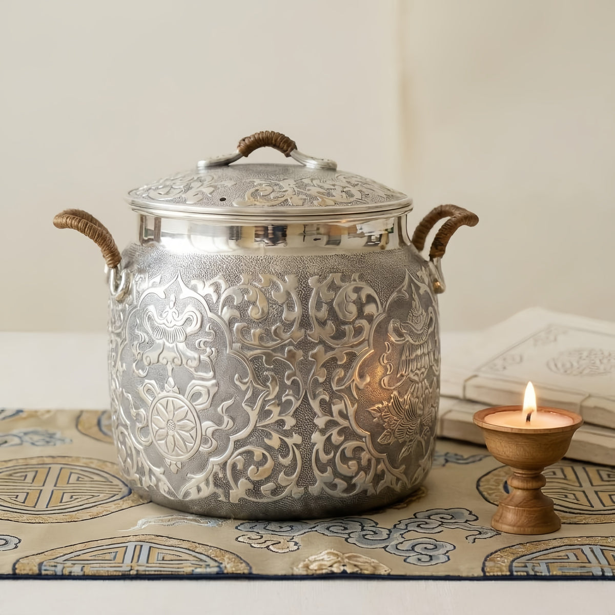 925 Sterling Silver Antique  Pot with Intricate Floral Engraving and Wooden Handles-Premium Hot Pot - Handicraft