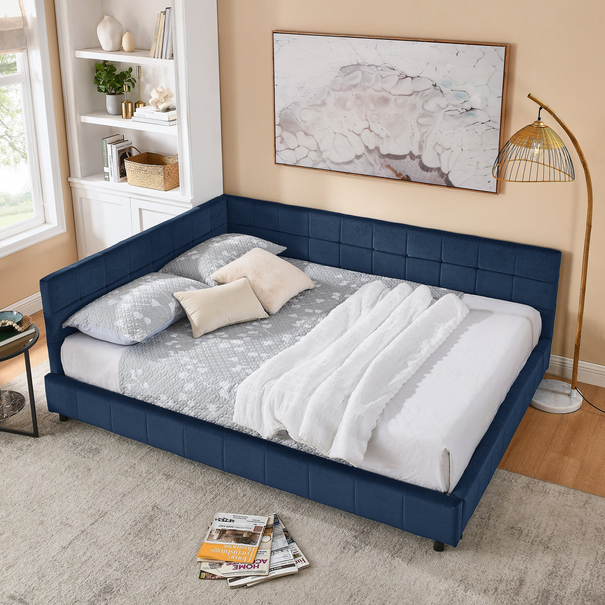 Queen Size Upholstered Tufted Bed Frame, Sofa Bed Frame With Comfortable Backrest And Armrests, Queen Size Bed For Bedroom, Living Room,Velvet, DARK BLUE 85.5x64.5x30.5
