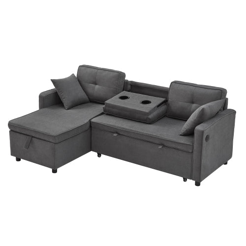 L-Shaped Pull Out Sleep Sofabed, Modern Reversible Sleeper Sectional Sofa, 3 In 1 Convertible Sofa Bed With Storage Chaise, Drop-Down Table, Cup Holders And Charging Ports, Grey