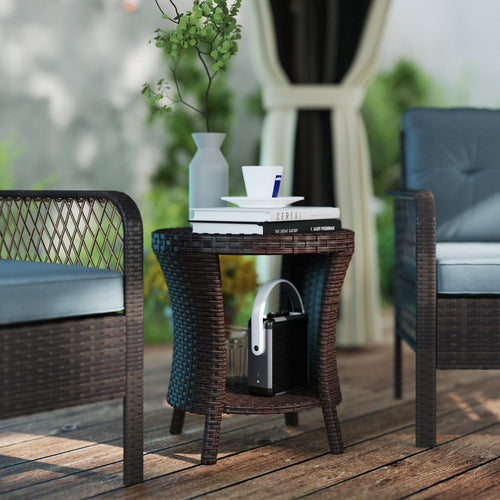 18 Wicker Outdoor Coffee Table, PE Rattan Patio Side Table With 2-Tier Storage, Composite Wood Top, Mixed Brown