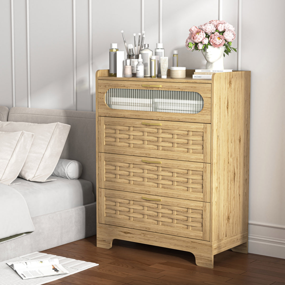 Wood 4 Drawer Dresser For Bedroom, Large Double Dresser With Wide Drawers, Modern Chest Of Drawers,S