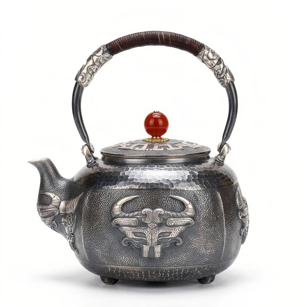 925 Sterling Silver Vintage Hammered Silver Kettle Featuring Ornate Bull Mask Design and Red Bead Finial - Handicraft