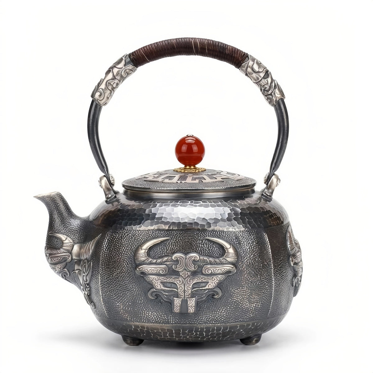 925 Sterling Silver Vintage Hammered Silver Kettle Featuring Ornate Bull Mask Design and Red Bead Finial - Handicraft