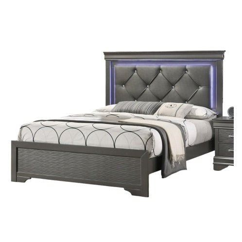 Dark Gray Faux Leather  1pc Queen Size Bed with LED