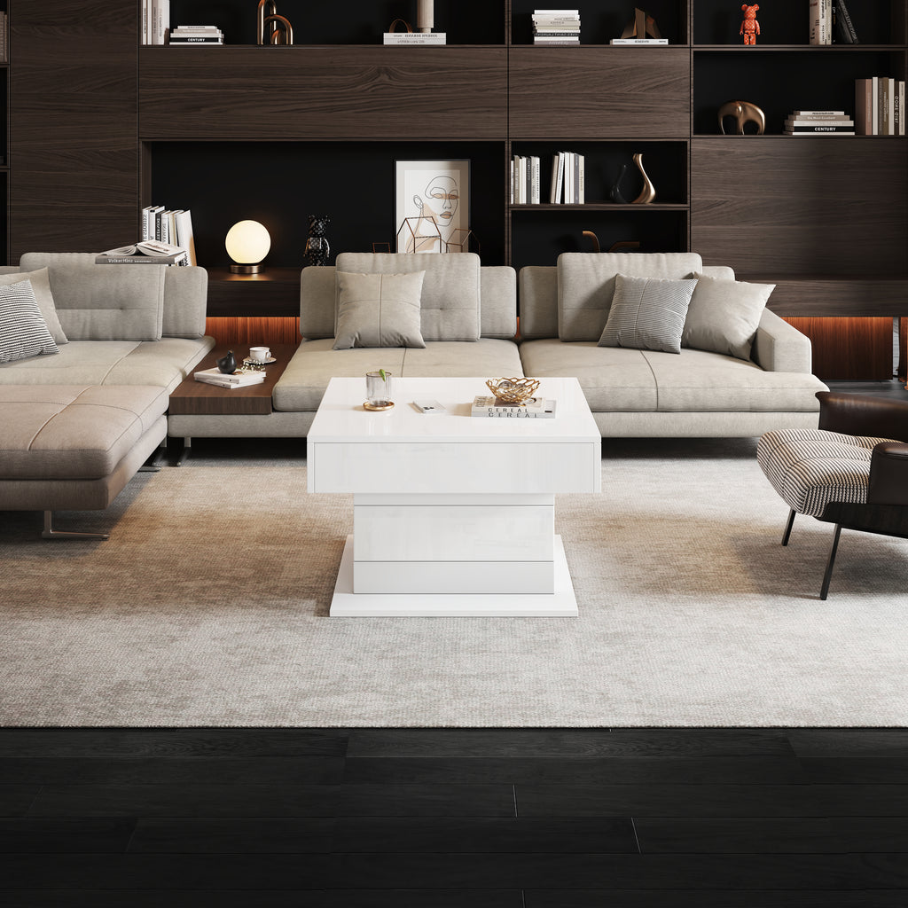 360 Rotating Coffee Table, Highgloss Lift-Top Centre Table With 1 Drawers, Rotating Lifting Sofa Side Table, Space-saving End Table,Tea Table,70x70x45cm, White