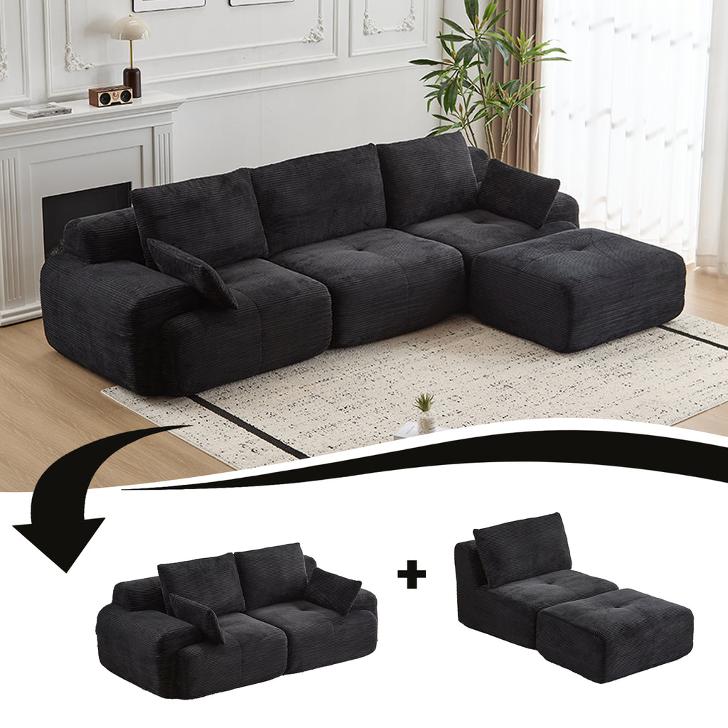 Modern Memory Foam Compressed Sofa,Large Sectional Couches For Living Room,Pet-Friendly Cloud Modular Sectional Sofa,Corduroy Fabric,Extra Deep Loveseat,No Assembly Required, Black