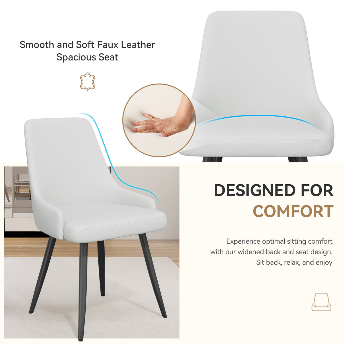 Modern Dining Chairs Set Of 2, Faux Leather Upholstered Dining Room Chairs With Widened Seat, Armless Side Chairs With Metal Legs
