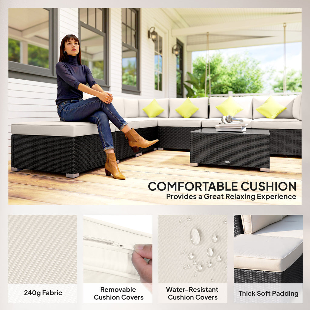 8 Piece Rattan Corner Sofa Set With Wide & Deep Seat, Assembled Aluminium PE Rattan Garden Furniture Set With Thick Cushions And Glass Top Table For Outdoor, Conservatory, Black