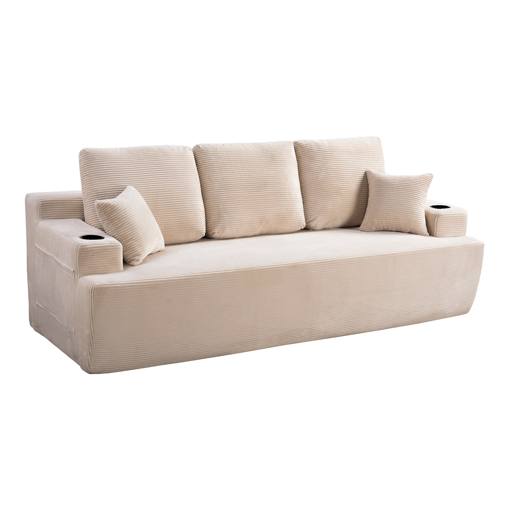 87 In 3-Seater Sofa For Living Room, Comfy Couches With Deep Seat, Plush Corduroy Fabric  With Cup Holders And Side Storage Pockets For Apartment Lounge