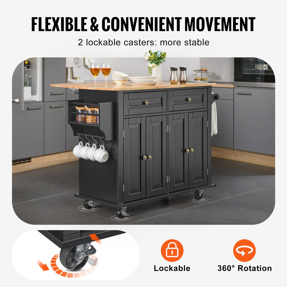 Kitchen Island Cart Rolling Storage Cabinet On Wheel With Drawer & Shelves