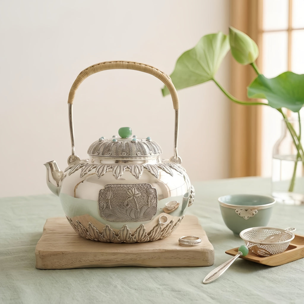 925 Sterling Silver Ornate Handcrafted Silver Teapot with Green Jade Finial and Intricate Filigree Details - Handicraft