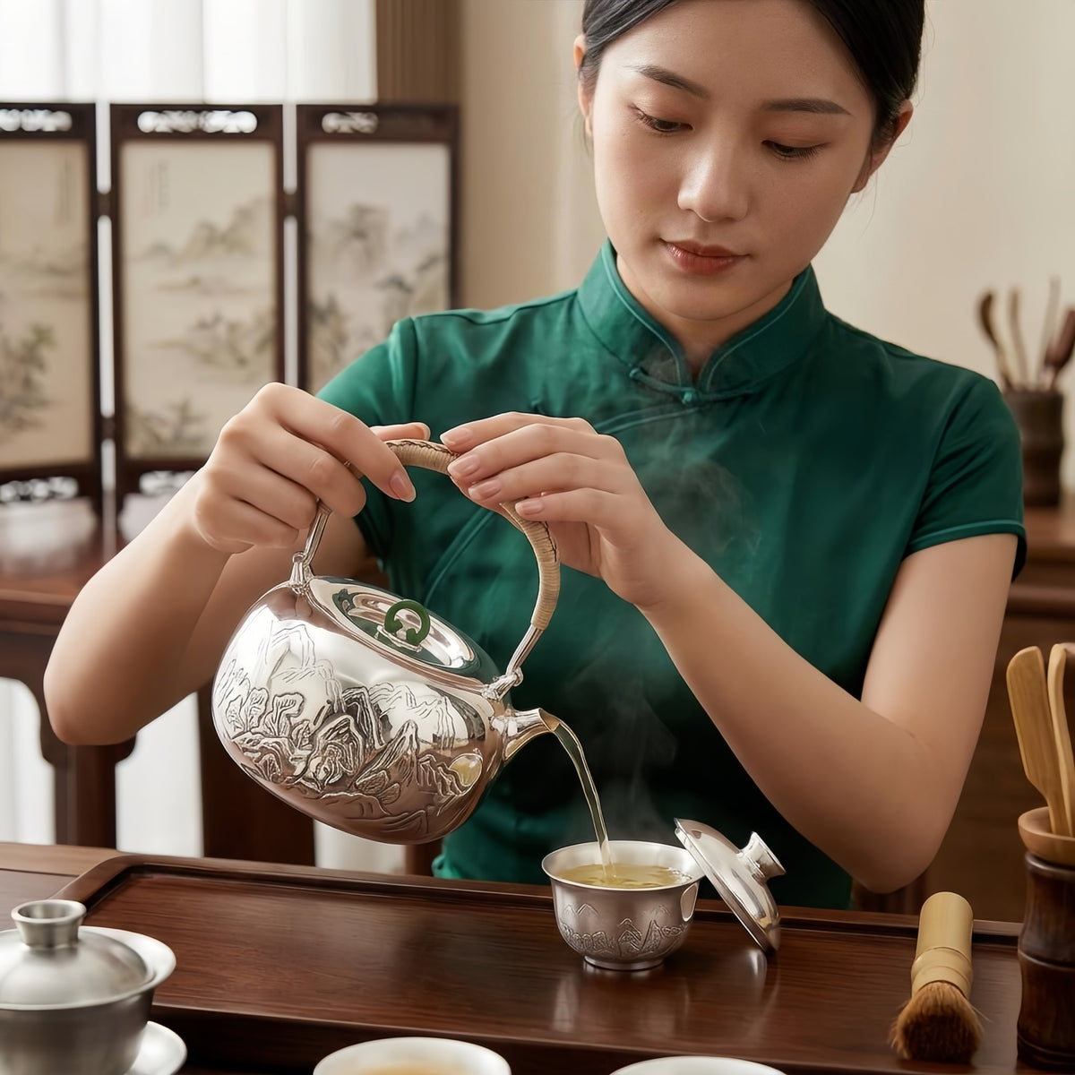 925 Sterling Silver Silver Landscape Teapot with Woven Handle and Jade Lid Accents - Handicraft
