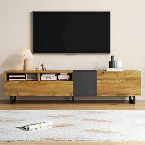Colorblock TV Cabinet, Simple Contrasting Color Design, Three Doors And Two Compartments, U-Shaped Metal Legs, Retro Wood Grain