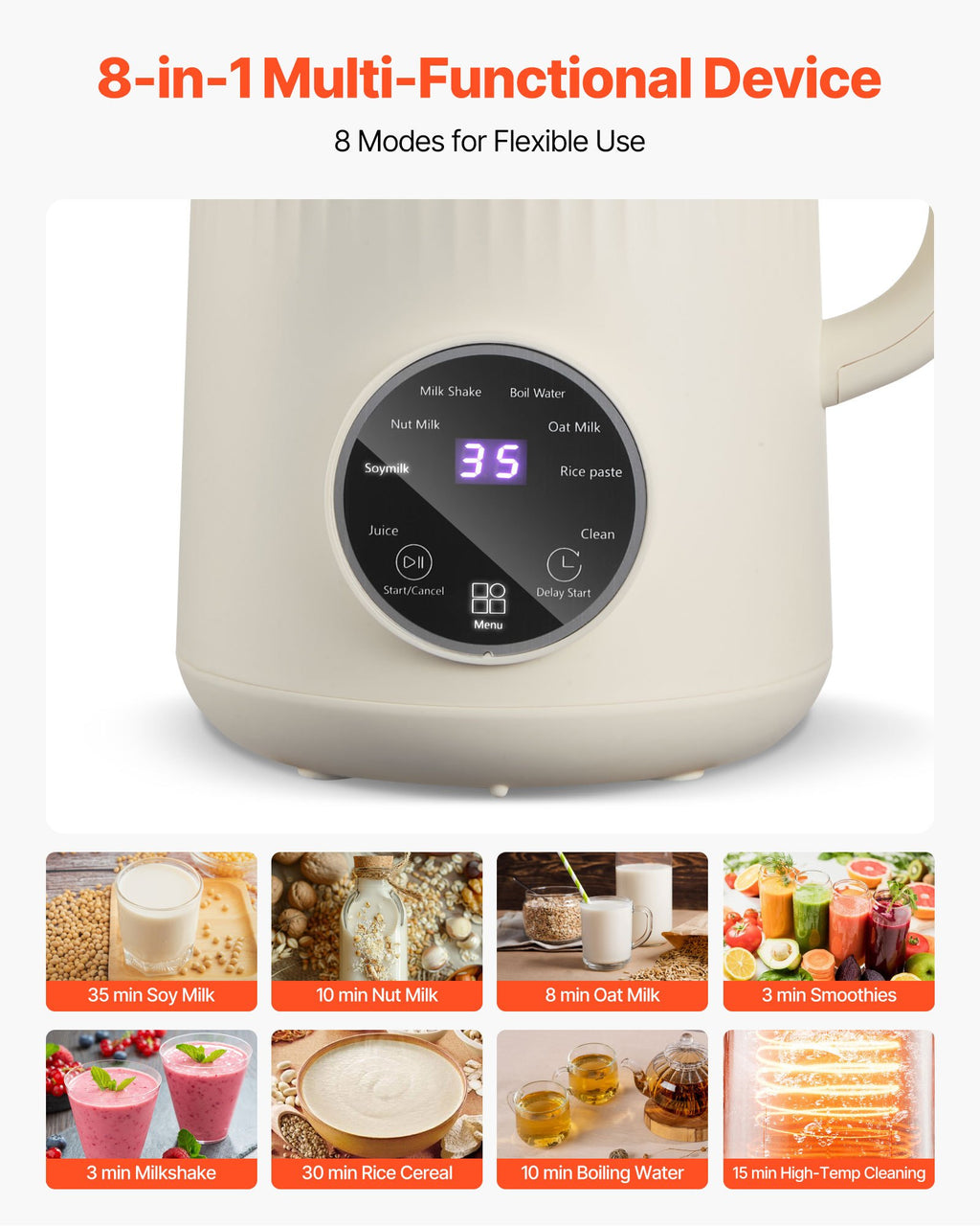 8-in-1 Nut Milk Maker, 34 Oz Soy Milk Maker With 180W Blending, For Homemade Oat, Nut, Soy, Juice, Milkshake, Rice Cereal, Plant-Based Beverages With Self-Cleaning, Boil Water, 12-Hour Delay