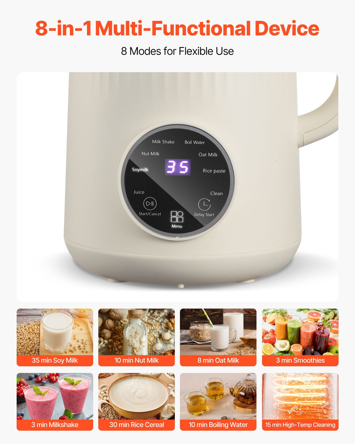 8-in-1 Nut Milk Maker, 34 Oz Soy Milk Maker With 180W Blending, For Homemade Oat, Nut, Soy, Juice, Milkshake, Rice Cereal, Plant-Based Beverages With Self-Cleaning, Boil Water, 12-Hour Delay