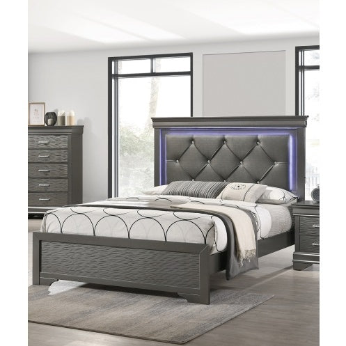 Dark Gray Faux Leather  1pc Queen Size Bed with LED