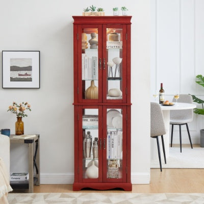 Lighted Glass Curio Display Cabinet,Display Cabinet,Glass Storage Cabinet Glass Wine Cabinet Wood Frame Toy Display For Living Room, Kitchen, Pantry Light Bulb Included Cherry