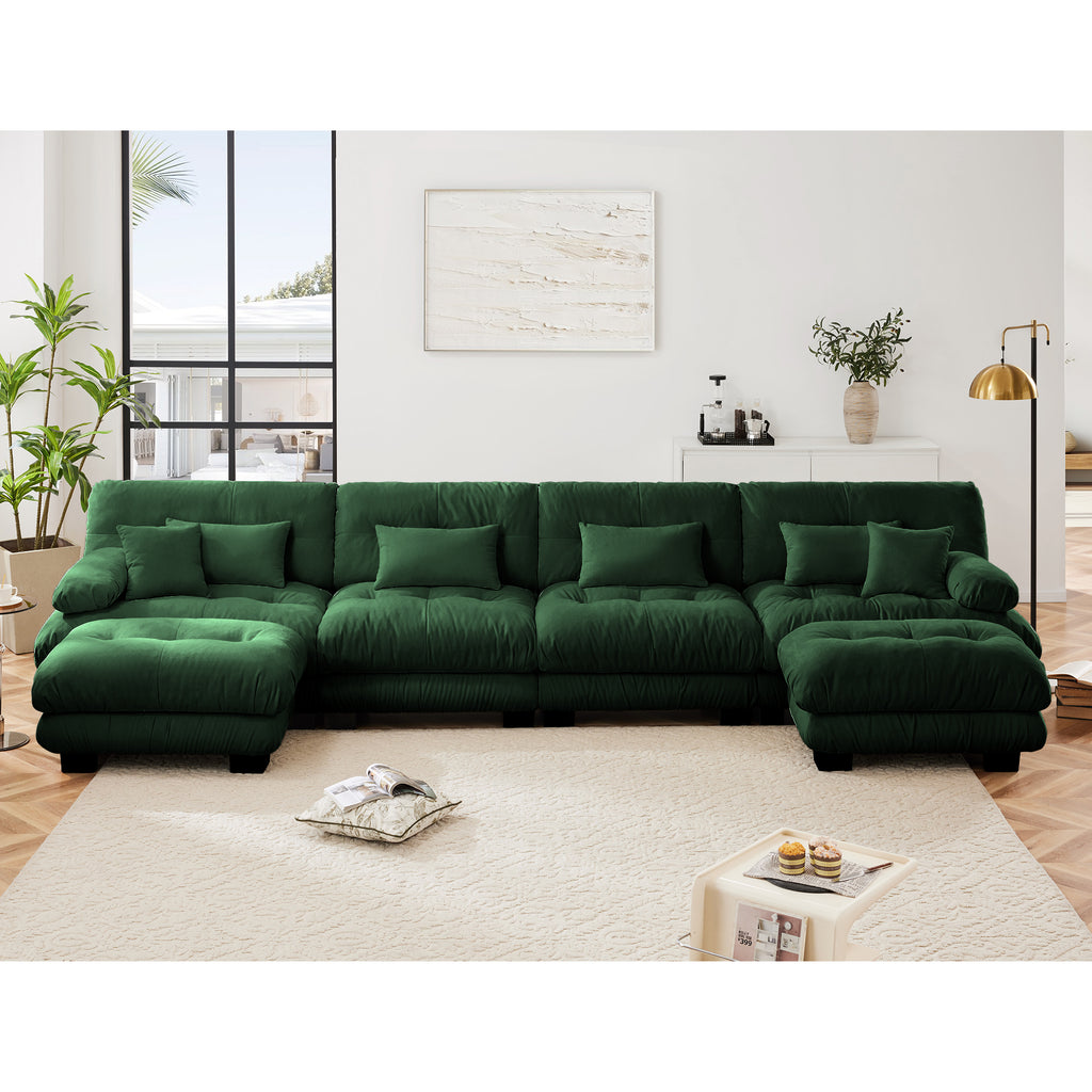 Free Combination Modular Sectional Sofa,U Shaped Couch For Living Room, 4-Seater Comfy Cloud Couch With 2 Ottomans, Chenille Green
