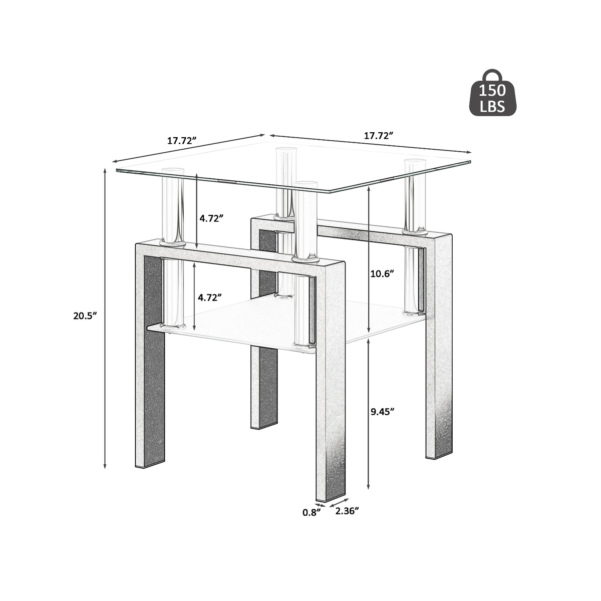 1-Piece Modern Tempered Glass Tea Coffee Table, Square For Living Room