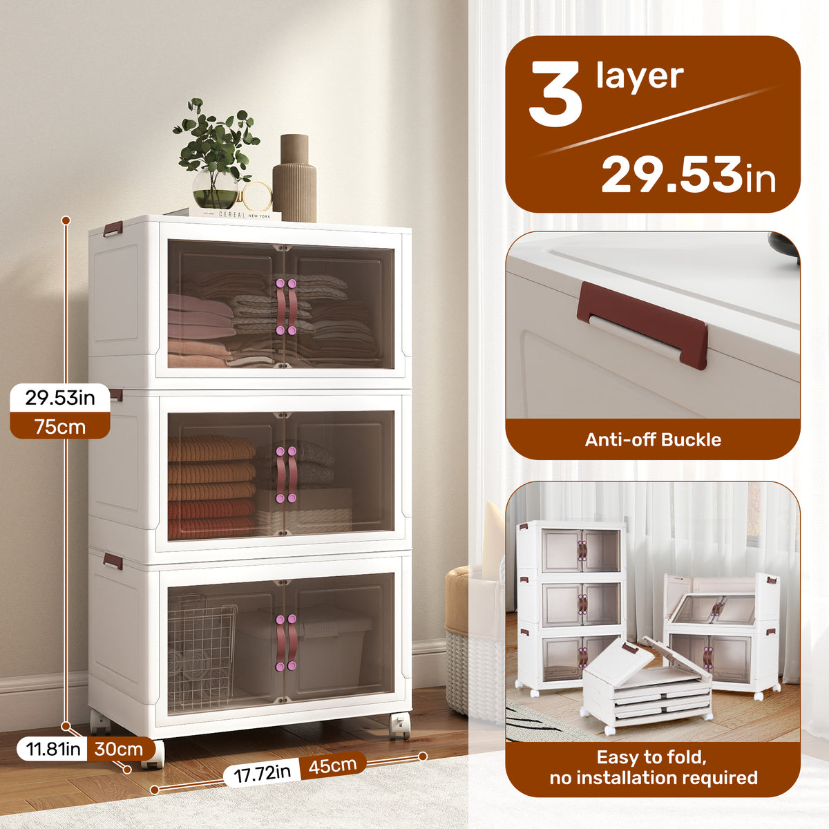 Portable Collapsible Storage Box, Folding Storage Bin - Clear Transparent Design With Lids And Pulley