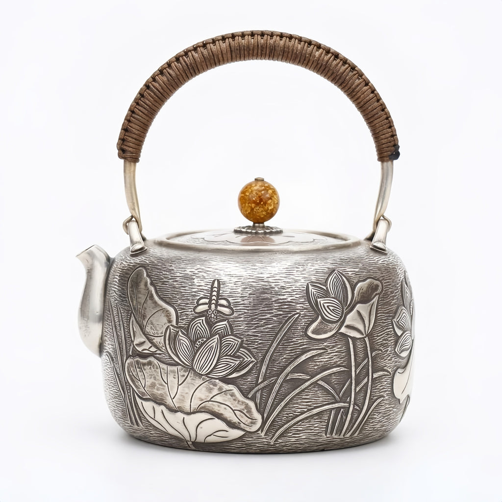 Pure 999 Fine Silver Handcrafted Silver Teapot with Intricate Lotus Relief and Woven Rattan Handle - Handicraft