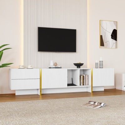 TV Stand For 85inch TV, Entertainment Center With Storage Cabinet And Open Shelves, Embossed Pattern TV Stand, TV Cabinet And Media Console For Living Room, Bedroom, White