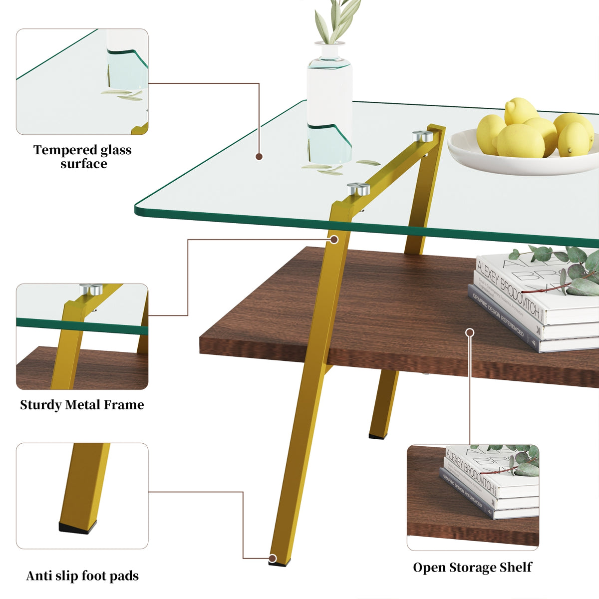 Rectangle Coffee Table, Tempered Glass Tabletop With Gold Metal Legs, Modern Table For Living Room
