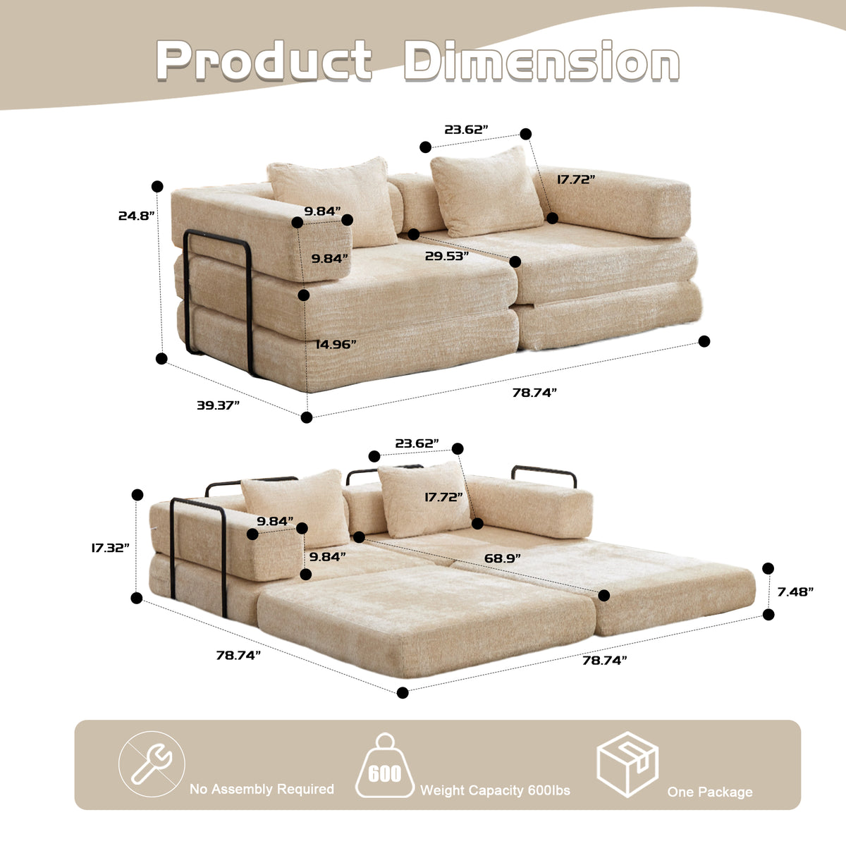 Compression Sofa,Convertible Floor Sofa Bed With Fixed-Shape Frame, Loveseats Boneless Modular Sectional Sofa,No Assembly Required,Chenille Fabric,for Living Room Bedroom,Beige