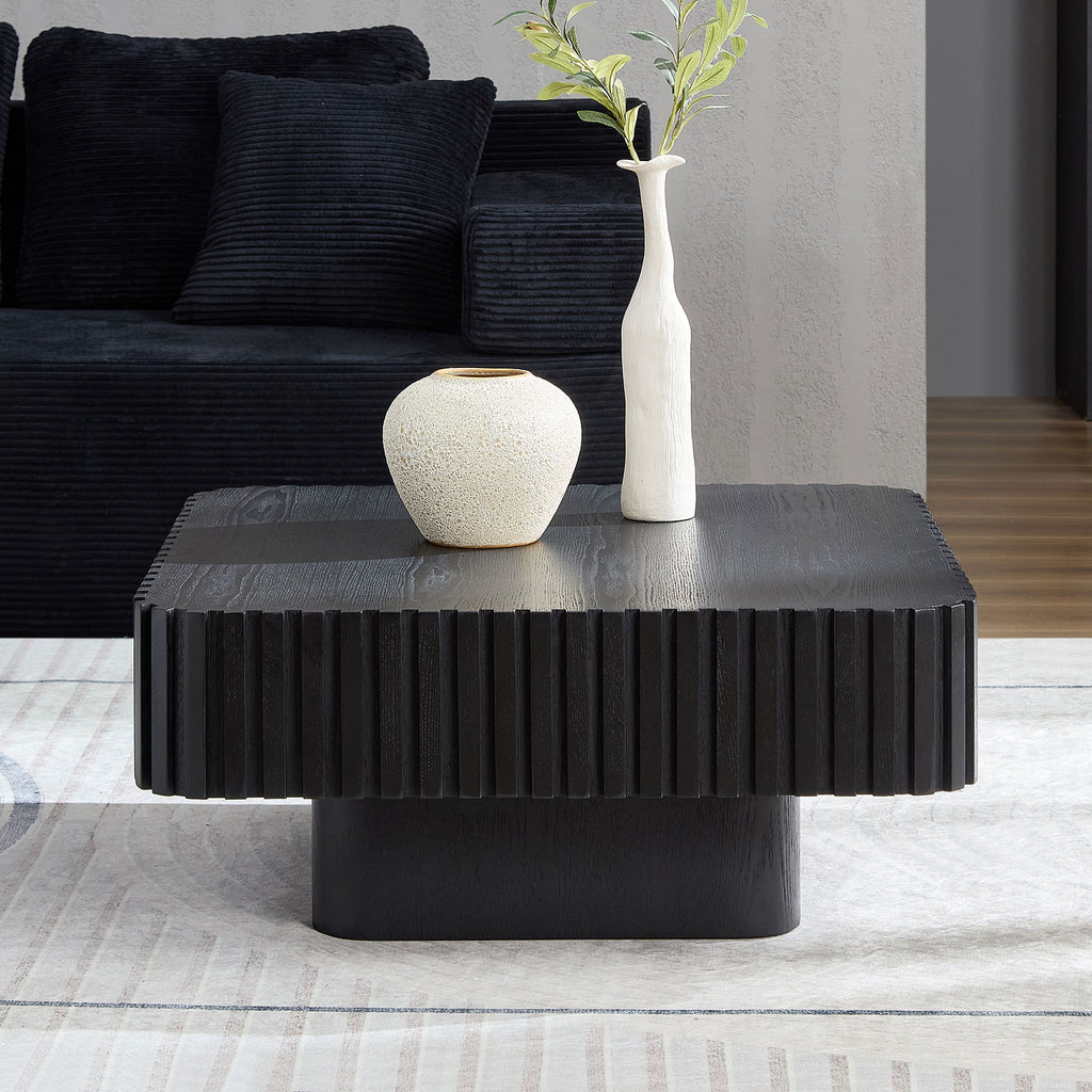 31.5 Inch Modern Handcraft Drum Coffee Table Square Coffee Table For Living Room,Small Wooden Coffee Table With Sturdy MDF Pedesta,Black Color