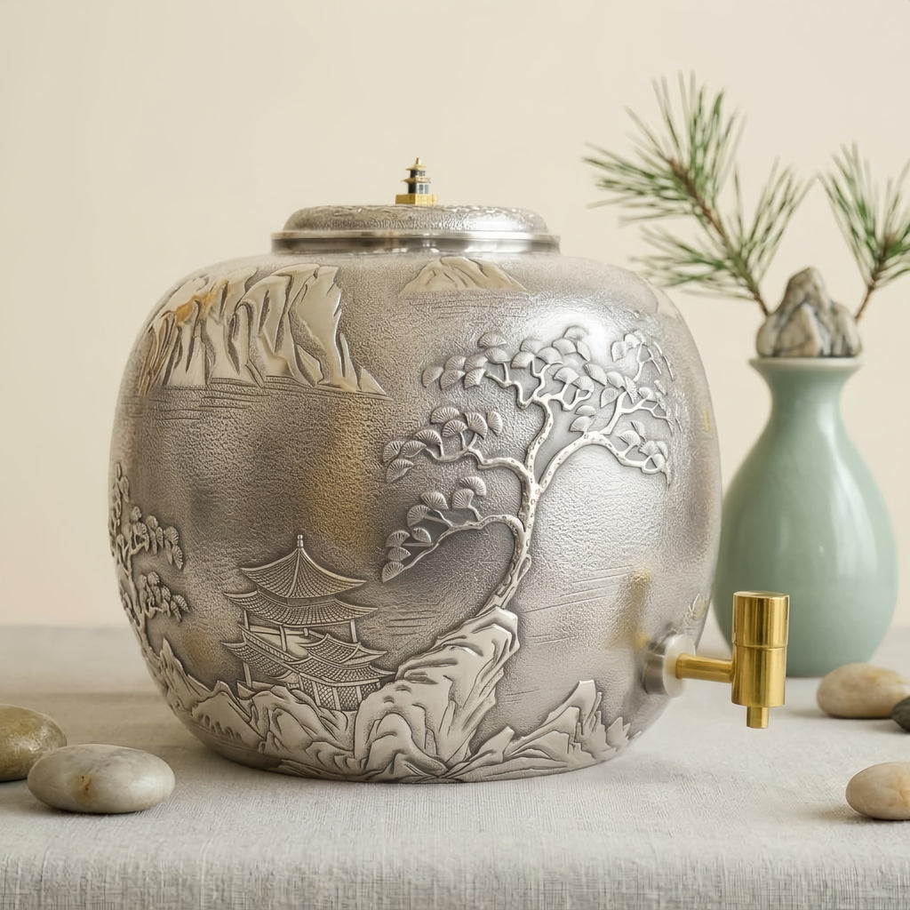925 Sterling Silver Handcrafted Silver-Toned Beverage Dispenser with Intricate Oriental Landscape and Pagoda Relief Artistry - Handicraft