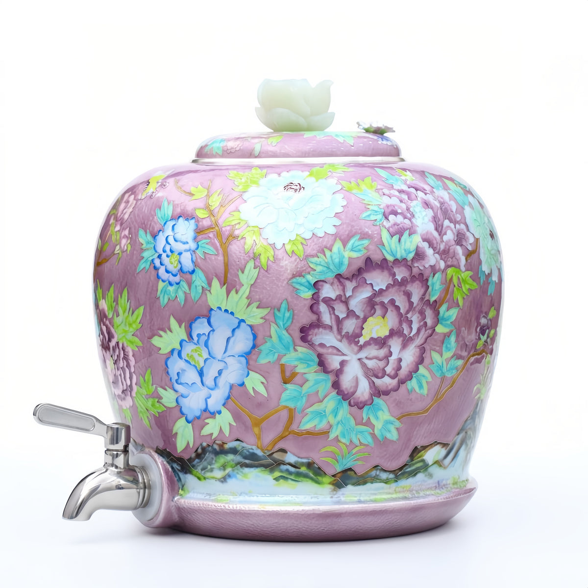 925 Sterling Silver Elegant Pink Peony Floral Ceramic Beverage Dispenser with Metal Tap - Handicraft