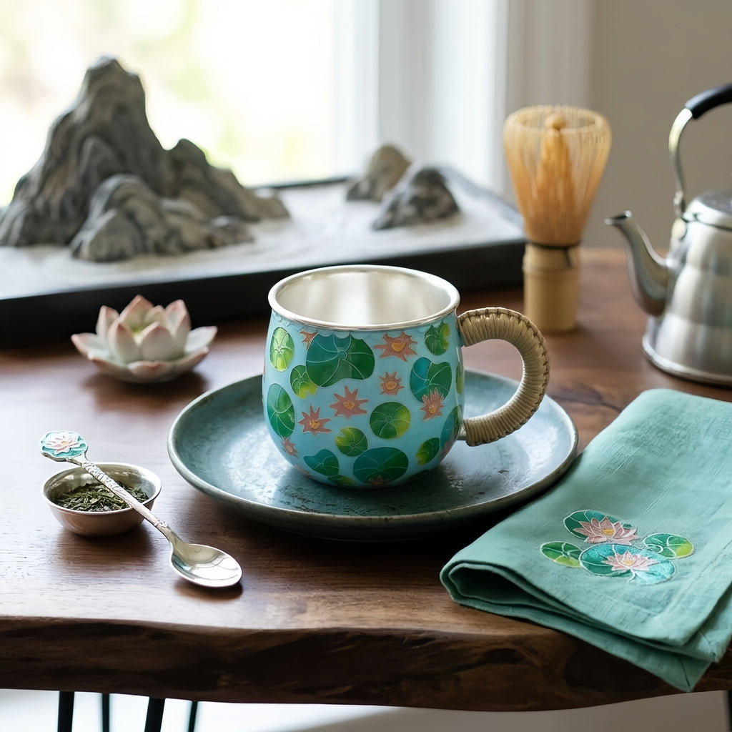 925 Sterling Silver Hand-Painted Light Blue Lily Pad Mug with Woven Wicker Handle - Handicraft
