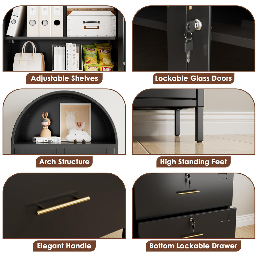 73inch H Metal Arch File Cabinet, Black Arched Bookcase With Locking Glass Doors And Drawers,Filing Cabinet For Home Office,Assemble Required,Black