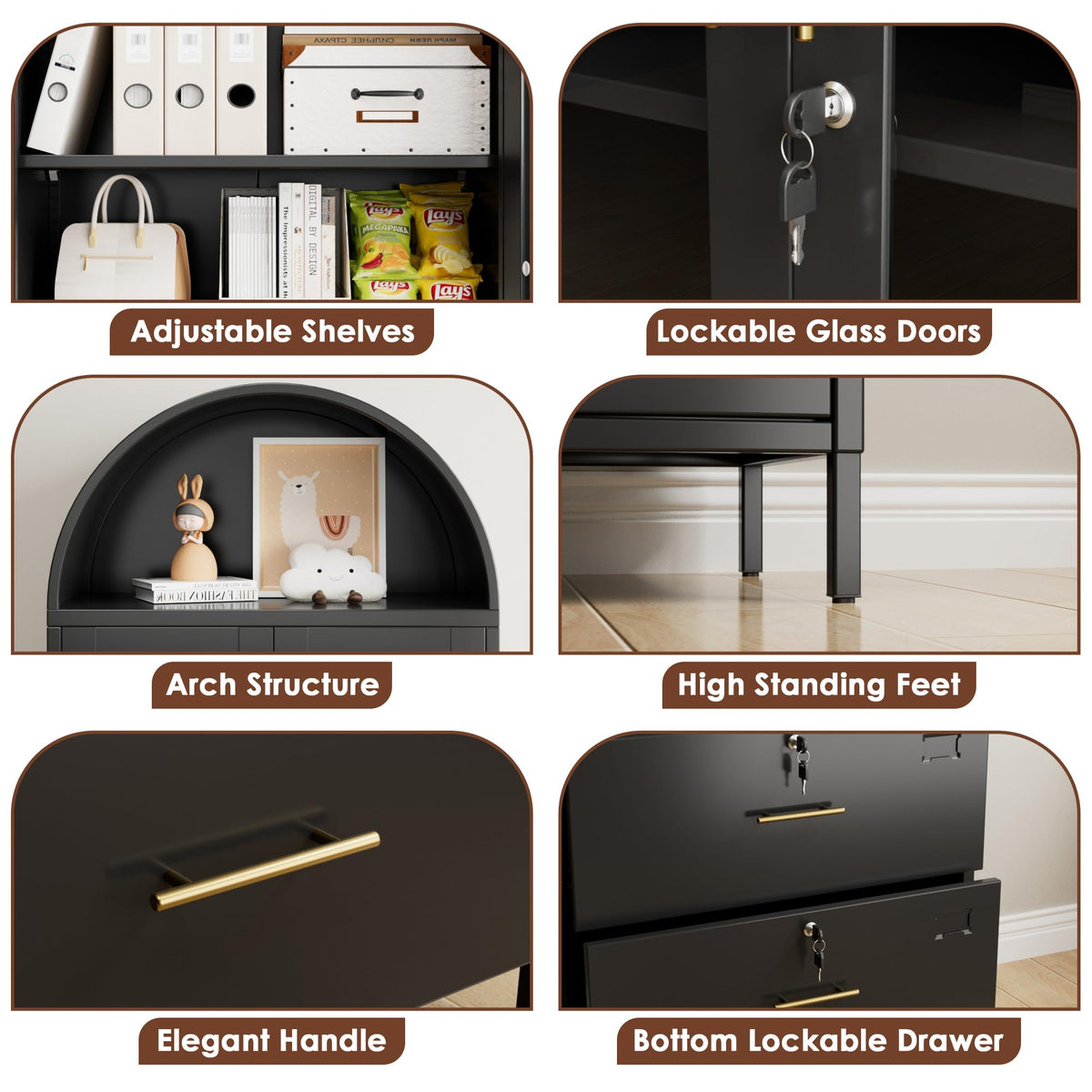 73inch H Metal Arch File Cabinet, Black Arched Bookcase With Locking Glass Doors And Drawers,Filing Cabinet For Home Office,Assemble Required,Black