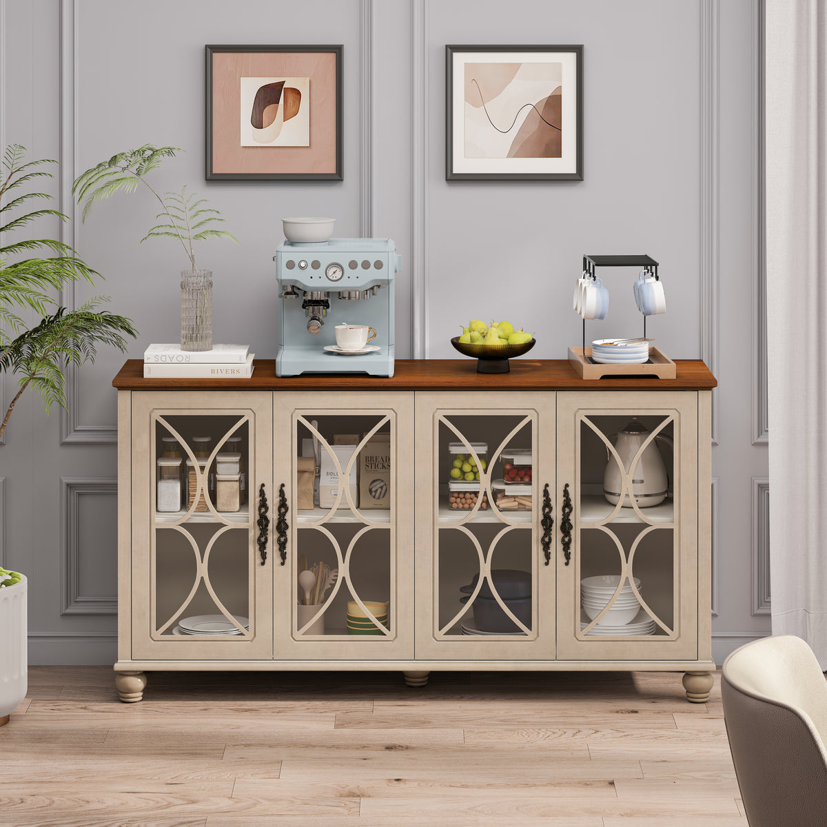 Elegant European Antique Style 4-Door Cabinet With Tempered Glass Doors,for Dining Room,Living Room,Hallway,Easy Assembly,Beige