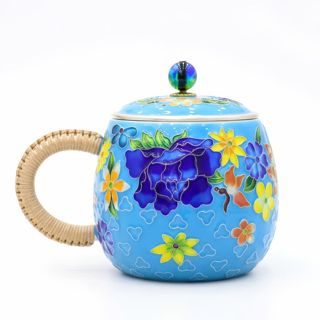 925 Sterling Silver Vibrant Blue Cloisonné Style Floral Mug with Lid and Woven Wicker Handle - Handicraft