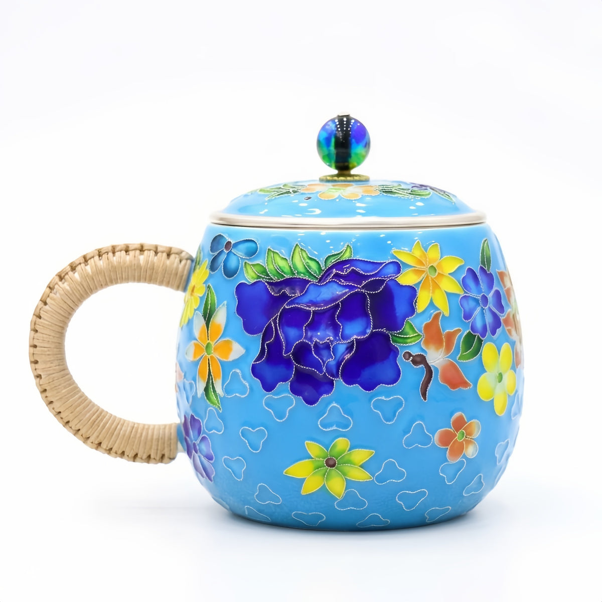 925 Sterling Silver Vibrant Blue Cloisonné Style Floral Mug with Lid and Woven Wicker Handle - Handicraft