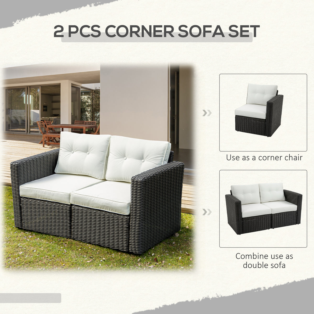 2 Piece Patio Wicker Corner Sofa Set, Outdoor PE Rattan Furniture, with Curved Armrests and Padded Cushions for Balcony, Garden, or Lawn, Beige