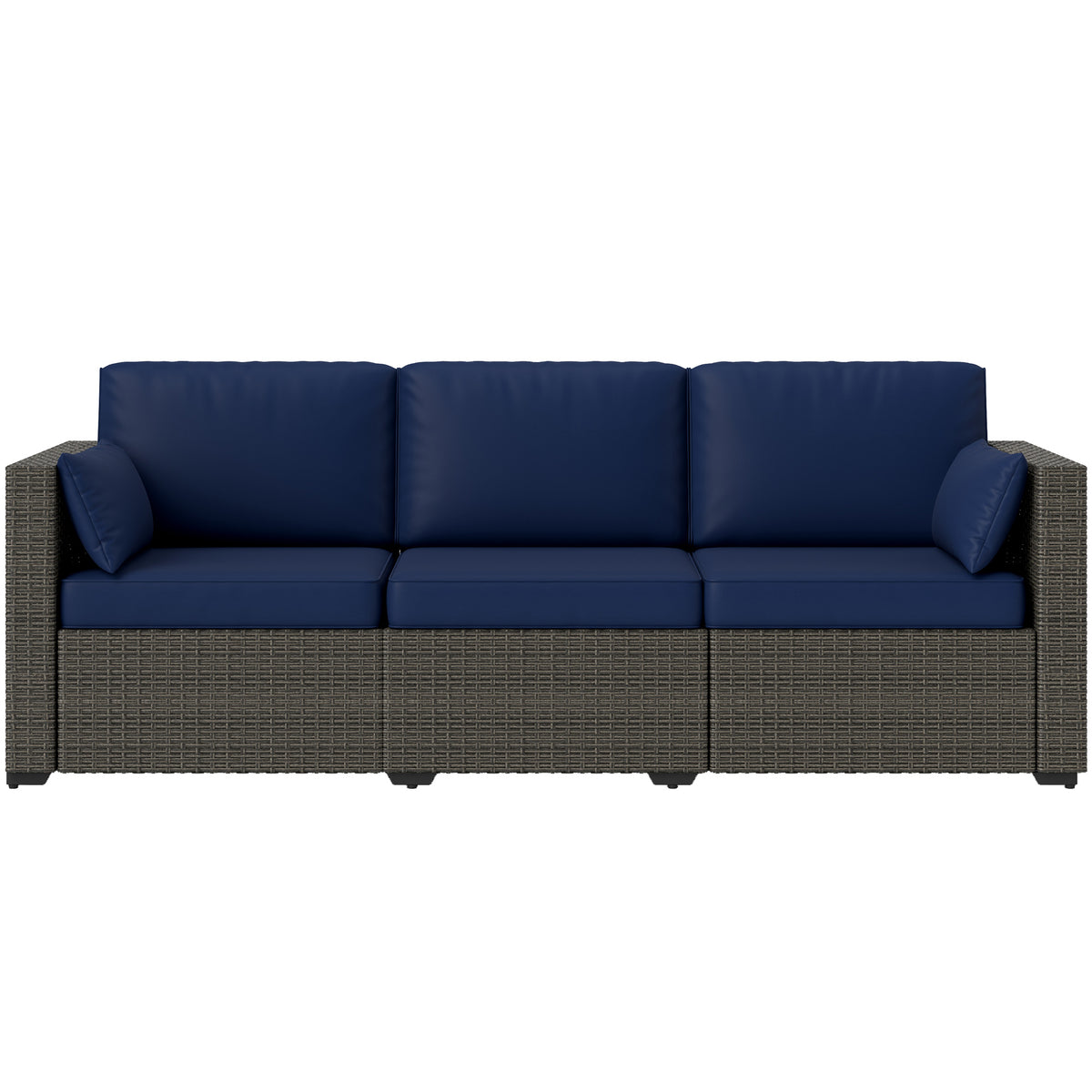 Patio Couch PE Wicker Deep Seating Outdoor Sofa with Removable Cushions, 3 Seater Rattan Sofa, Outdoor Furniture for Balcony, Deck, Garden and Poolside, Navy Blue