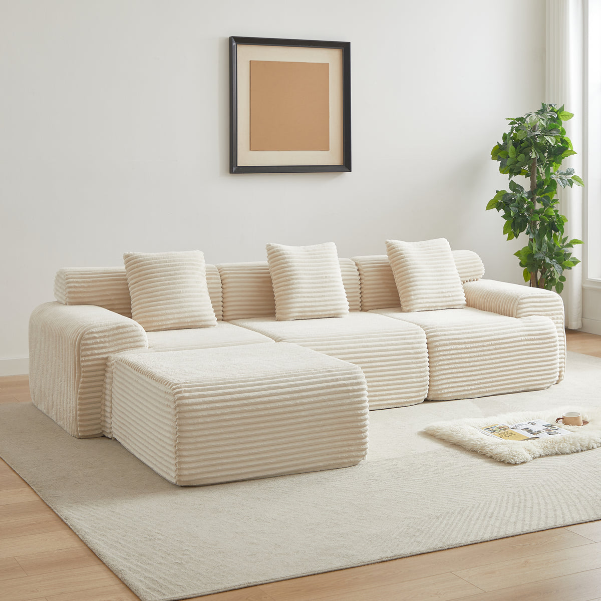 114-inch Corduroy Modular Sofa Boneless Couch, Featuring An Inlaid Structural Design, Three Throw Pillows, Wider Backrest Design And Four Freely Configurable Modules.