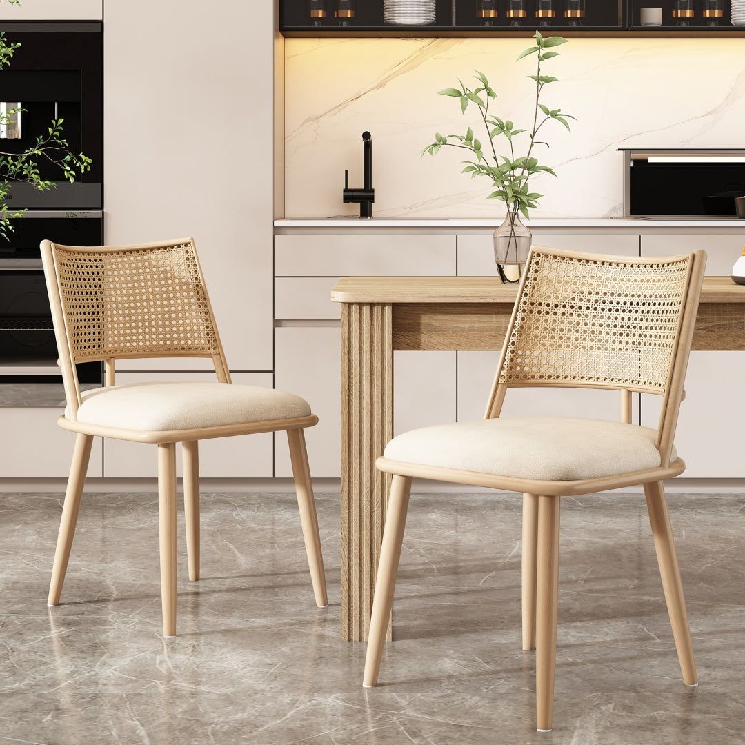 Set Of 6, PU Seat, Rattan Backrest, Bamboo Kitchen Chair With Imitation Rattan Backrest And Retro Side Armchair, Suitable For Home, Restaurant, Living Room, Cafe,beige