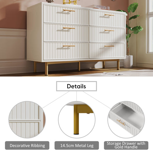 Sideboard Cabinet For Living Room, Chest Of Drawers With 6 Drawers, White, 40D X 120W X 75H CM